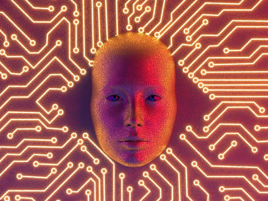 A human-like face rendered on a glowing circuit board